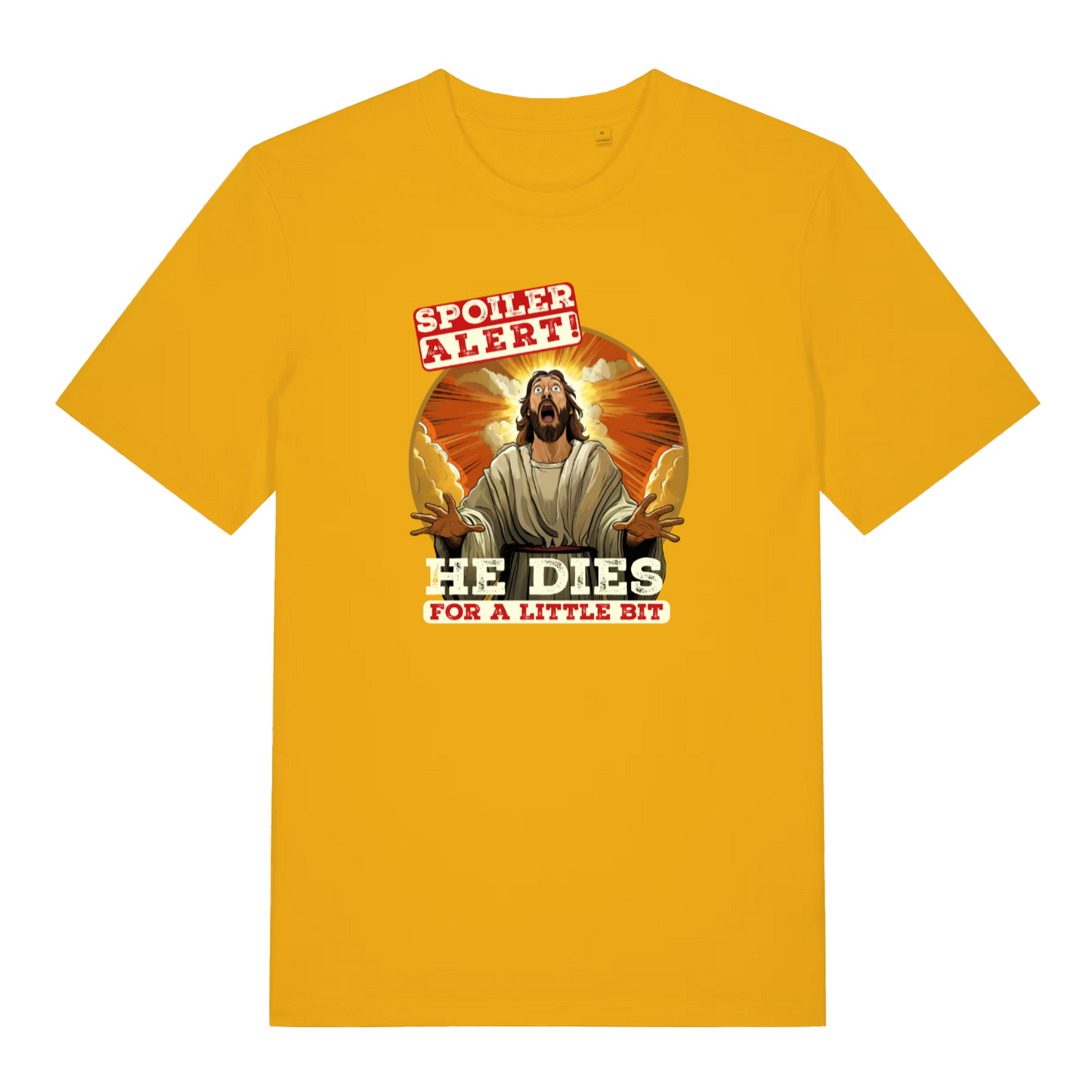 yellow funny jesus t-shirt with the graphic of a religious figure and the slogan 'spolier alert he dies for a little bit'
