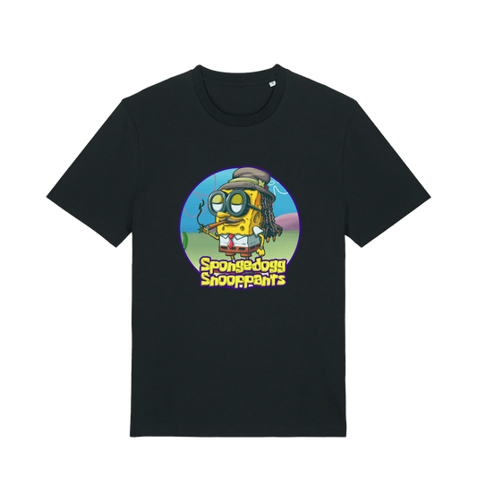 black funny music t-shirt featuring a cartoon sponge dressed like snoop dogg and the slogan 'spongedogg snooppants'
