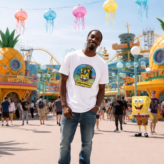 Man wearing a SpongeBob SquarePants t-shirt at a theme park with colorful decorations and attractions.
