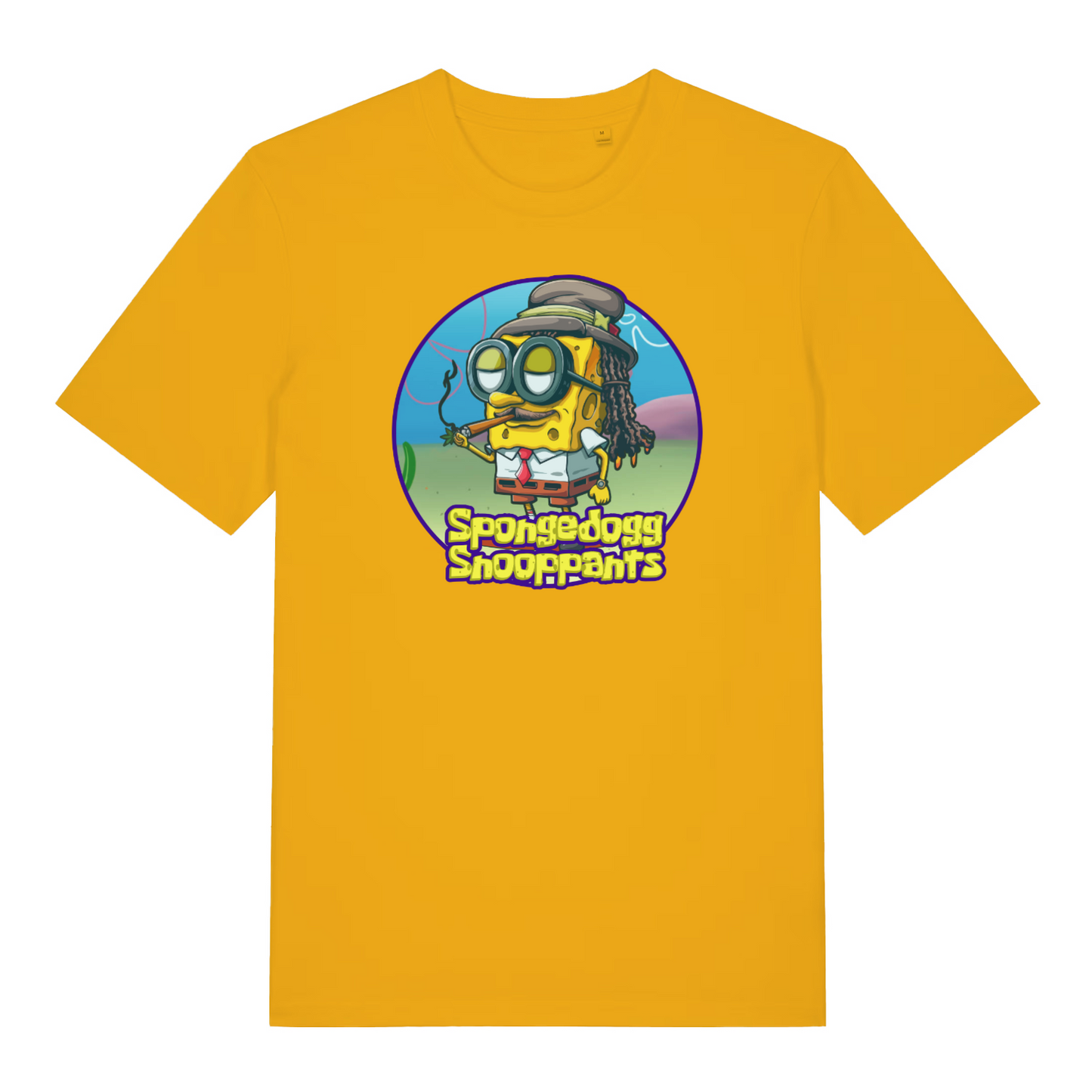 yellow funny graphic t-shirt with spongebob dressed like snoop dogg and the slogan 'spongedogg snooppants'