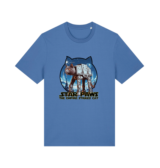 blue movie t-shirt with the graphic of a cat dressed as an at-at and the slogan 'star paws the empire strikes cat'
