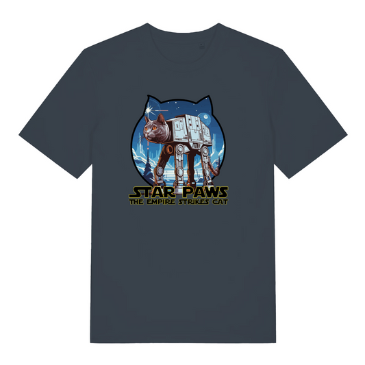 ink grey movie t-shirt with the graphic of a cat dressed as an AT-AT and the slogan 'star paws the empire strikes cat'