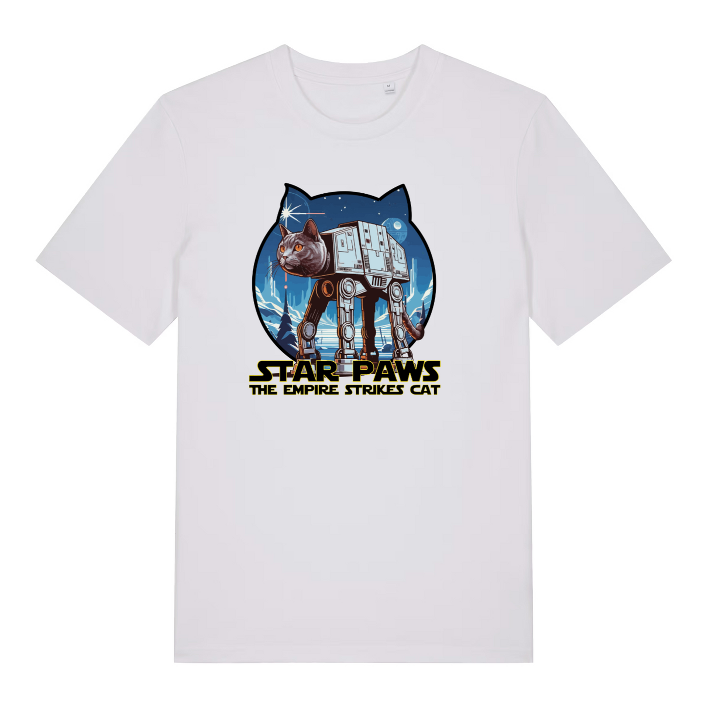 white movie t-shirt with the graphic of a cat dressed as an AT-AT and the slogan 'star paws the empire strikes cat'