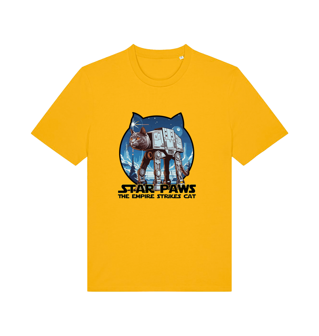yellow movie t-shirt with the graphic of a cat dressed as an at-at and the slogan 'star paws the empire strikes cat'