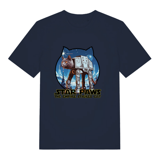 navy women's geek t-shirt with the graphic of a cat that is an AT-AT and the slogan 'star paws the empire strikes cat'