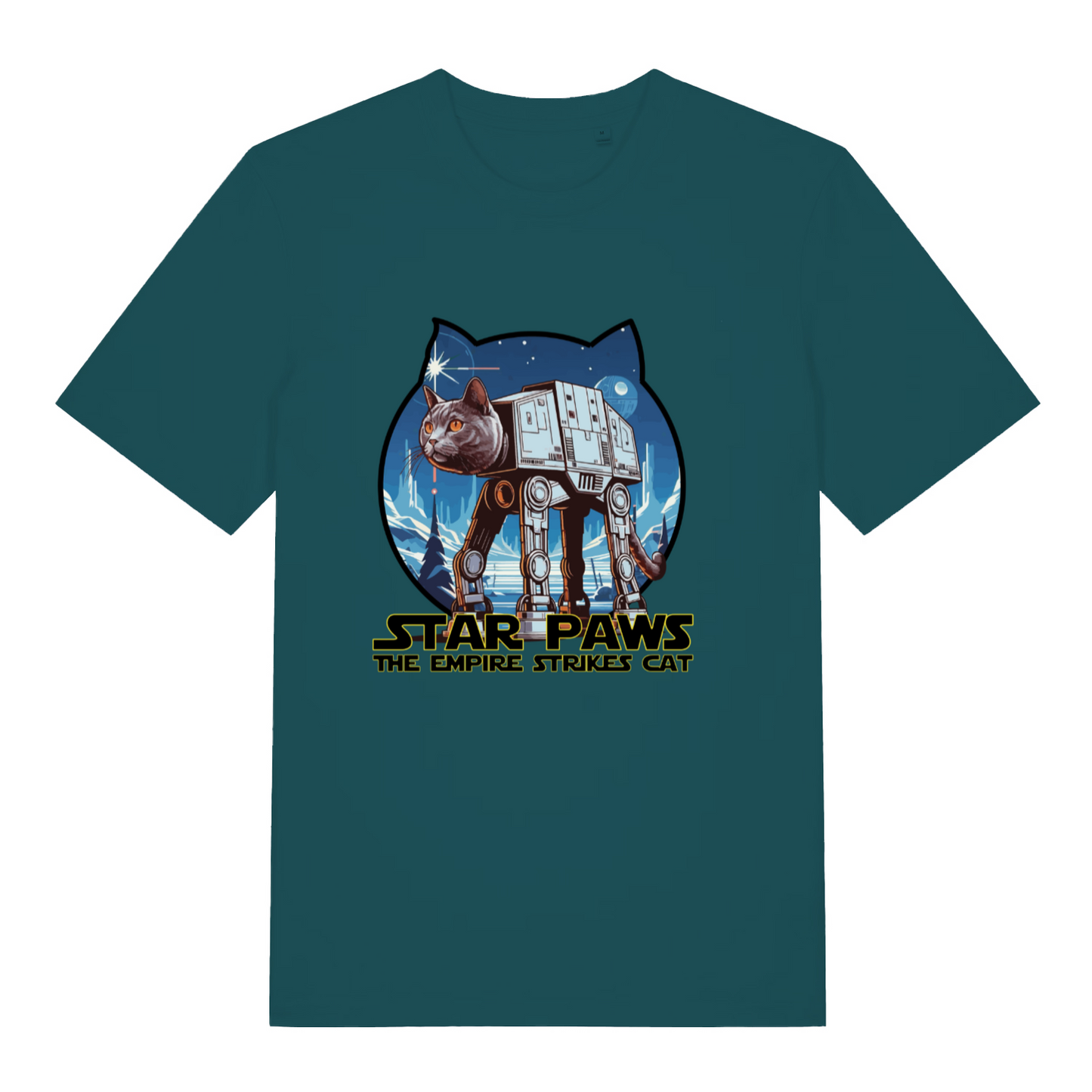 teal women's geek t-shirt with the graphic of a cat that is an AT-AT and the slogan 'star paws the empire strikes cat'