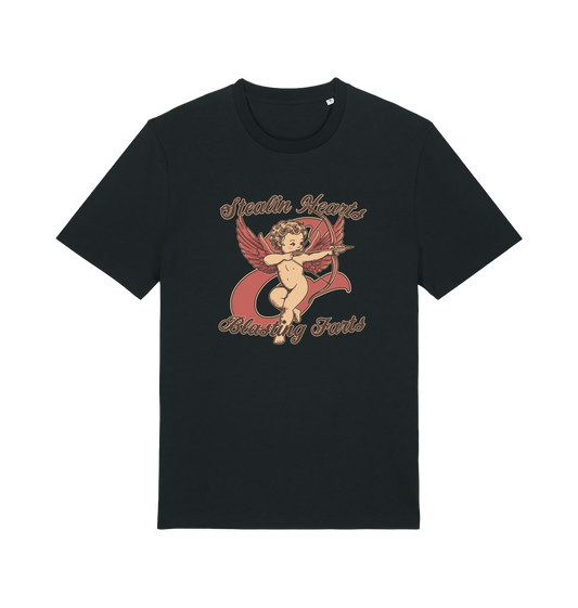 black funny t-shirt with the graphic of cupid and the slogan 'stealin hearts and blastin farts'