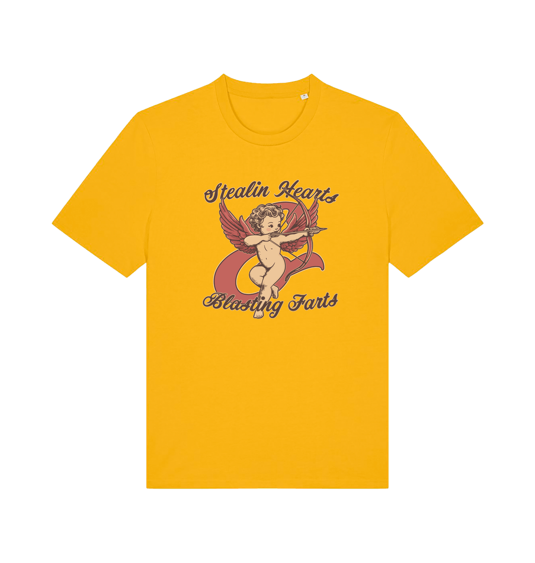 yellow funny t-shirt with the graphic of cupid and the slogan 'stealin hearts and blastin farts'