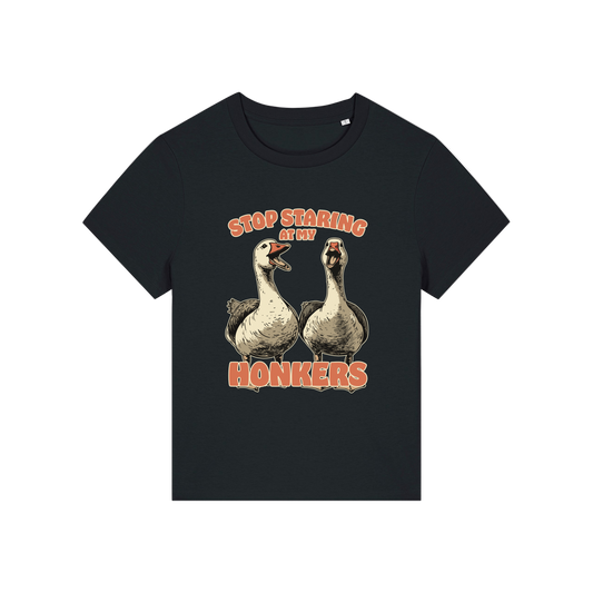 black graphic t-shirt with the graphic of two geese and the slogan 'stop staring at my honkers'