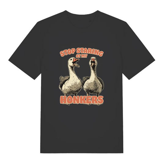 black women's funny animal t-shirt with the graphic of two geese and the slogan 'stop staring at my honkers'