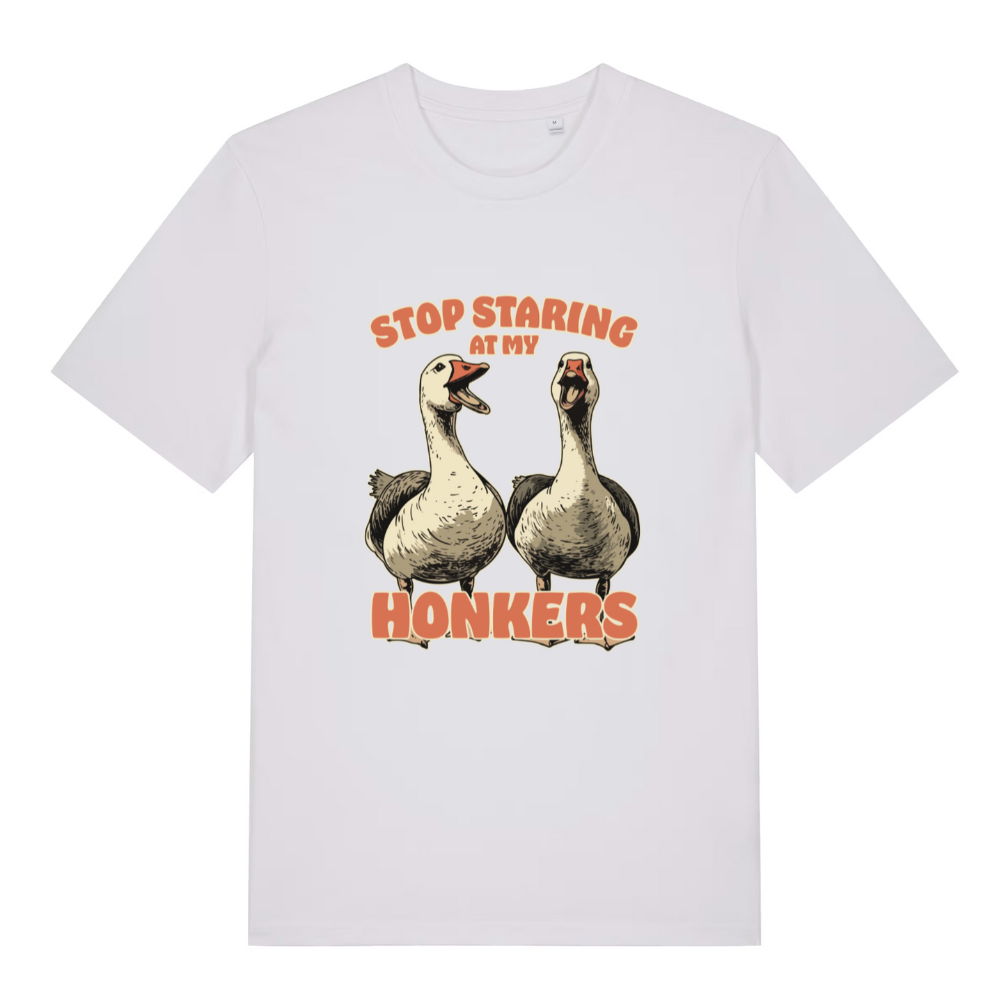 white women's funny animal t-shirt with the graphic of two geese and the slogan 'stop staring at my honkers'