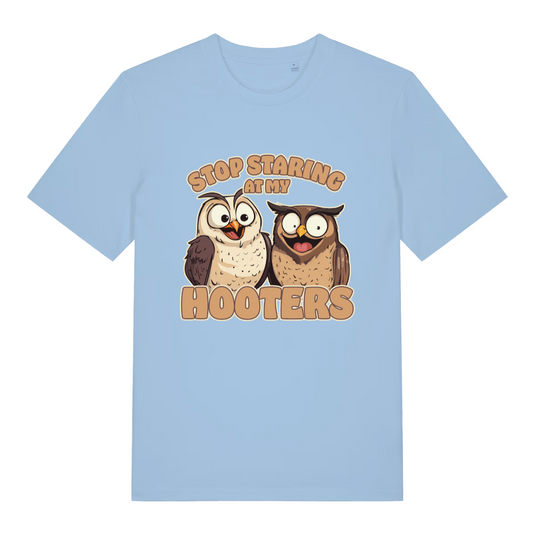 light blue women's funny animal t-shirt with the graphic of two owls and the slogan 'stop staring at my hooters'