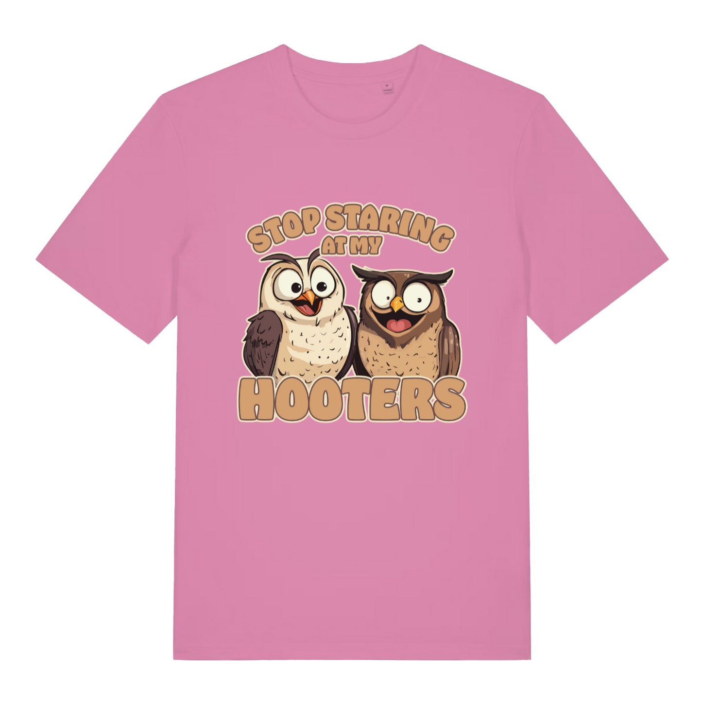 pink women's funny animal t-shirt with the graphic of two owls and the slogan 'stop staring at my hooters'