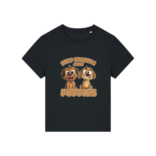 black funny animal t-shirt with the graphic of two puppies and the slogan 'stop staring at my puppies'