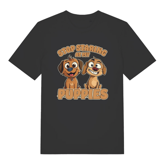 black women's funny animal t-shirt with the graphic of two puppies and the slogan 'stop staring at my puppies'