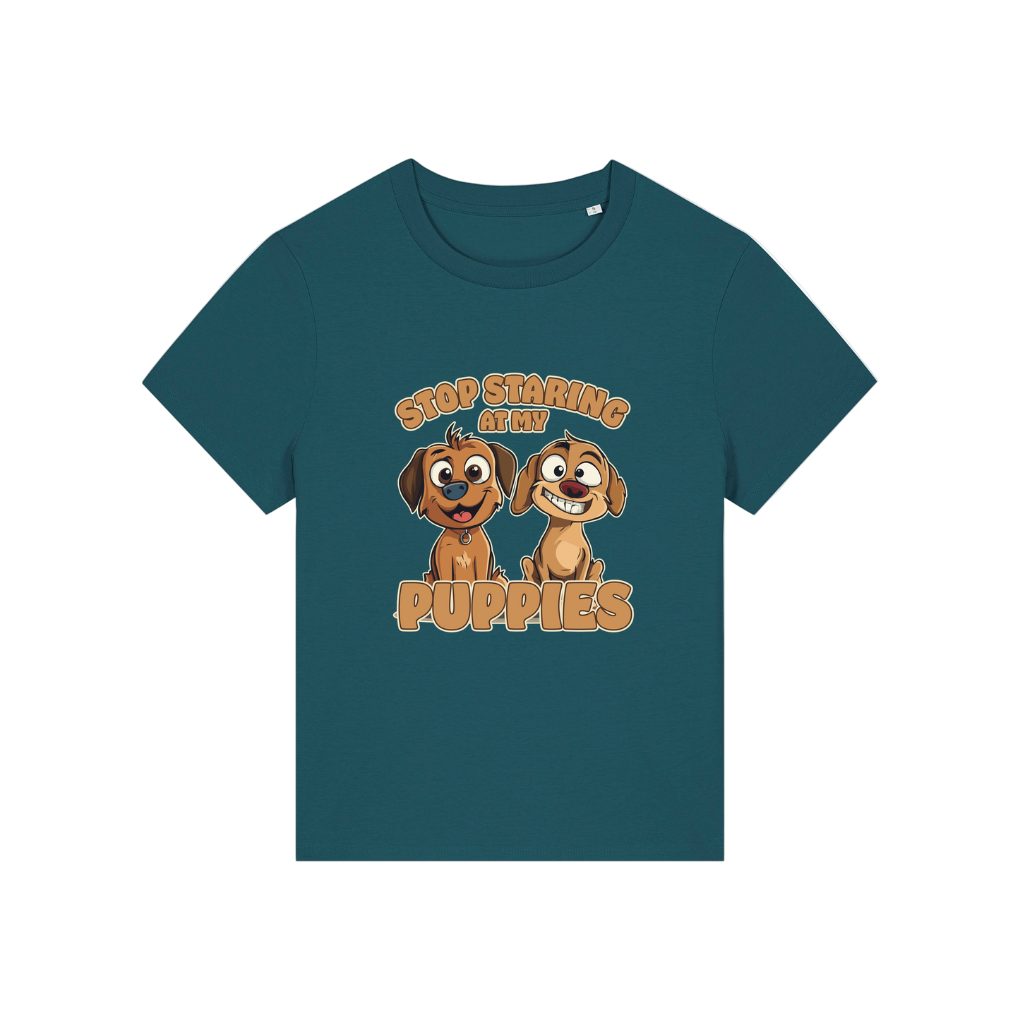 teal funny animal t-shirt with the graphic of two puppies and the slogan 'stop staring at my puppies'