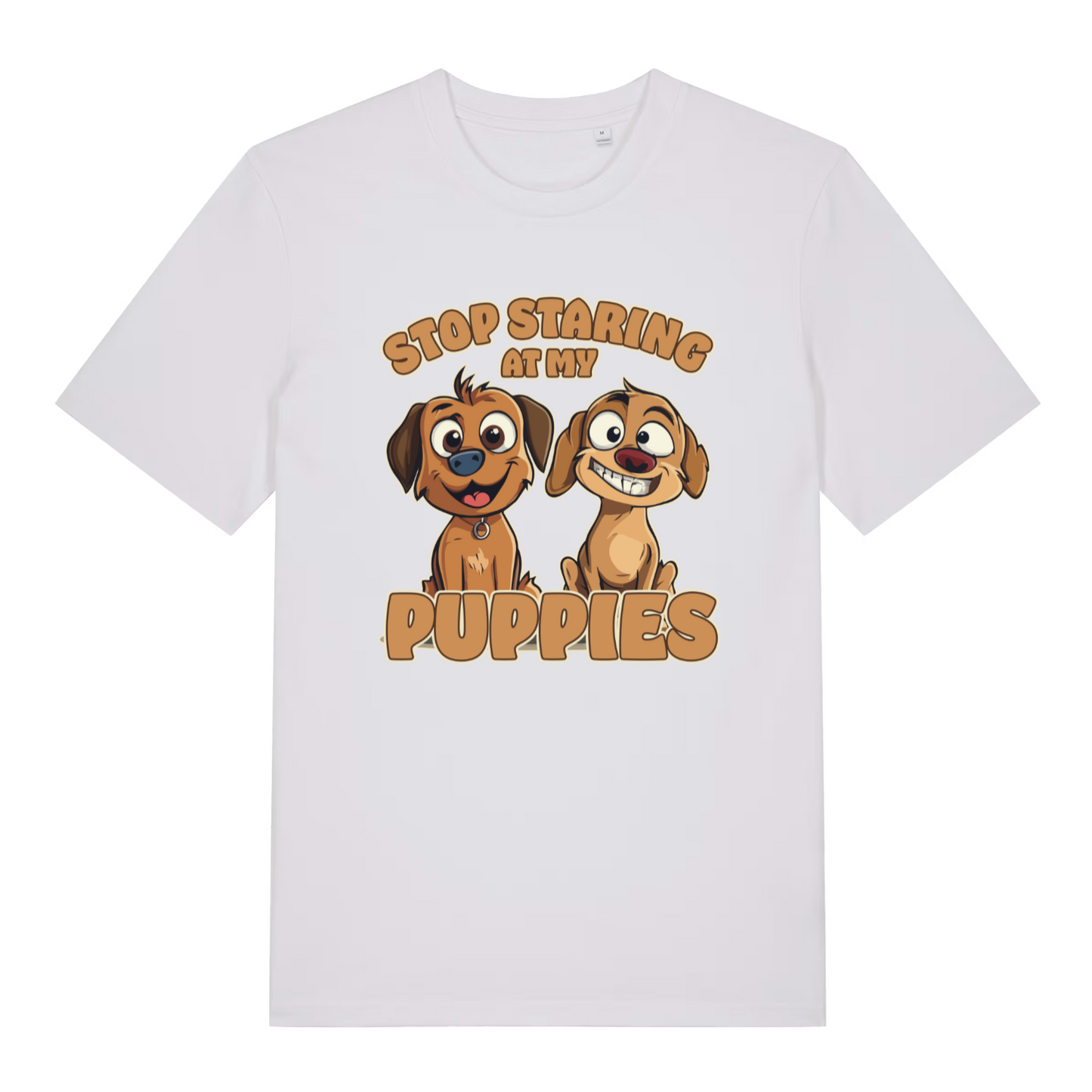 white women's funny animal t-shirt with the graphic of two puppies and the slogan 'stop staring at my puppies'
