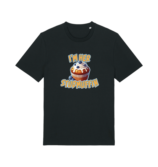 black matching t-shirt with the graphic of a blueberry muffin and the slogan 'i'm her stud muffin'