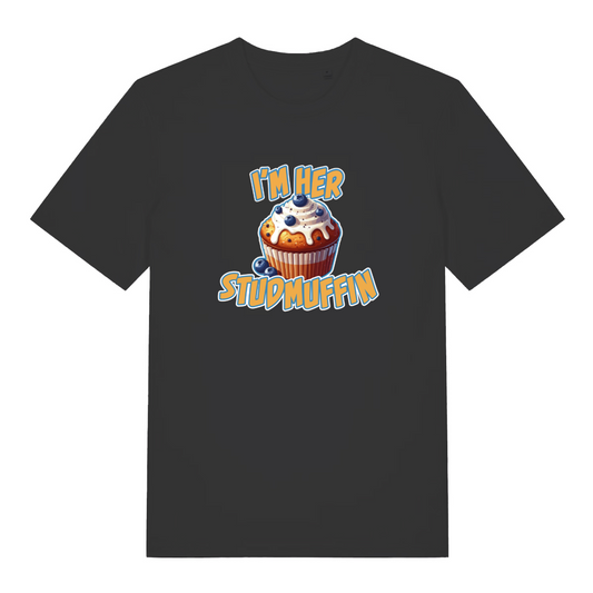 black matching t-shirt with the graphic of a blueberry iced muffin and the slogan 'im her studmuffin'