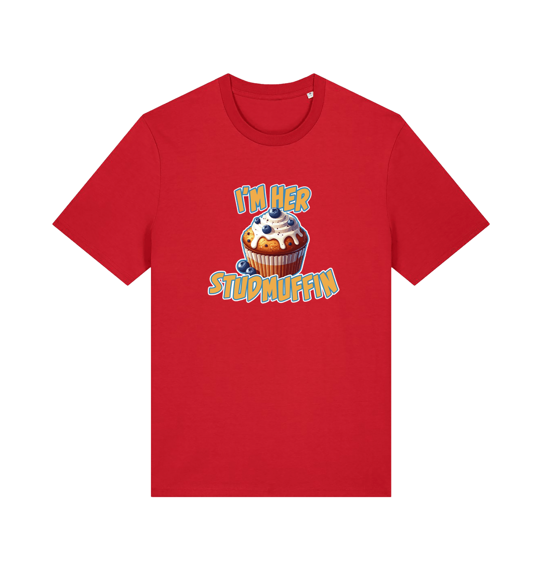 red matching t-shirt with the graphic of a blueberry muffin and the slogan 'i'm her stud muffin'