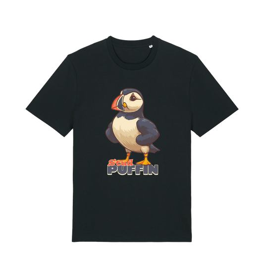 black funny animal t-shirt with the graphic of a puffin and the slogan 'stud puffin'