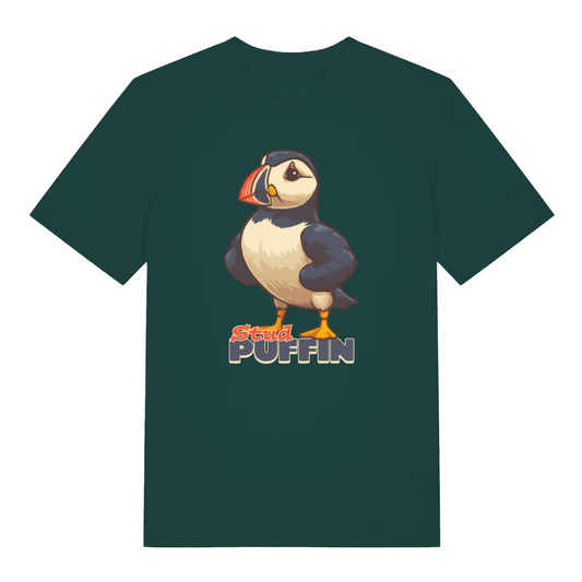 green funny animal t-shirt with the graphic of a puffin and the slogan 'stud puffin'