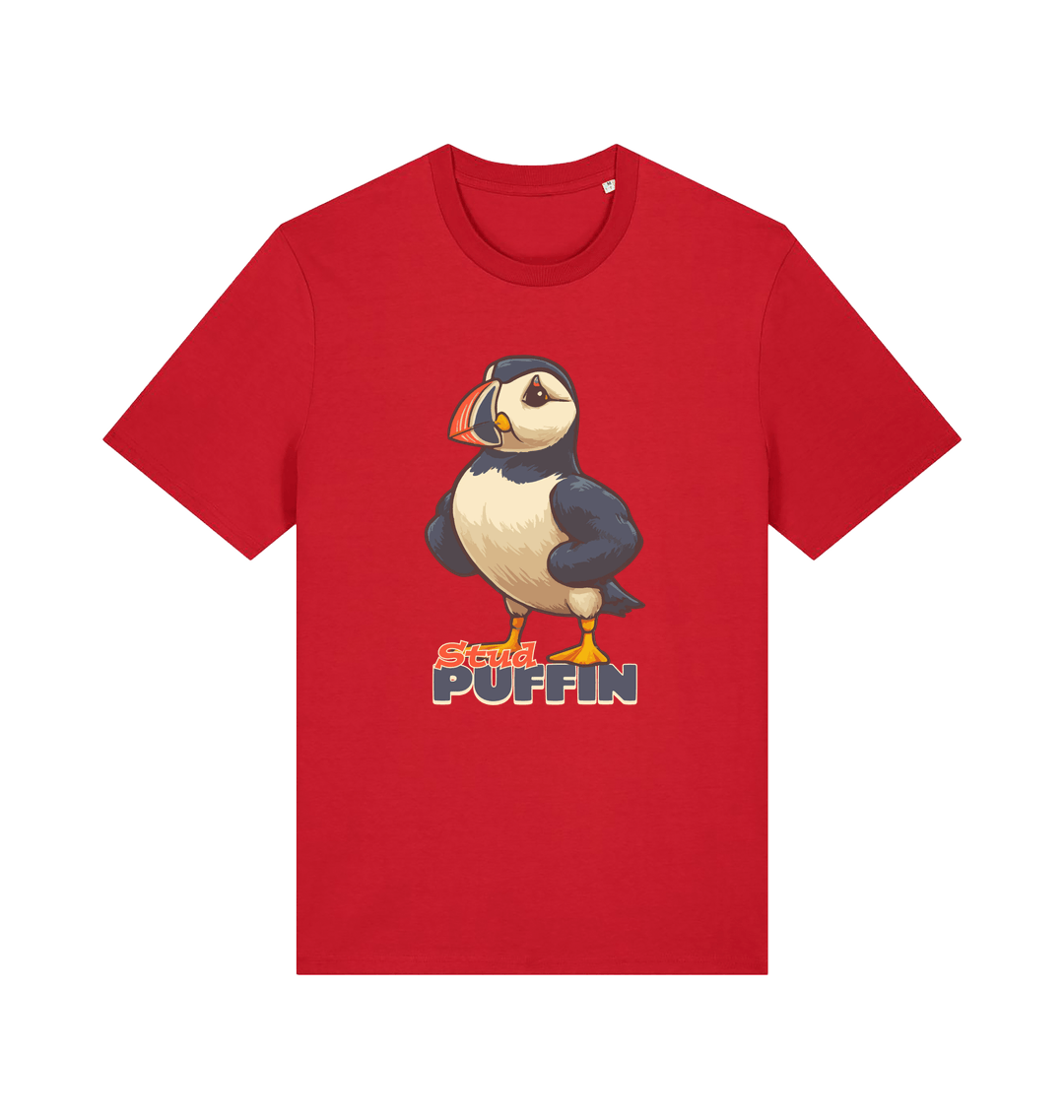 red funny animal t-shirt with the graphic of a puffin and the slogan 'stud puffin'