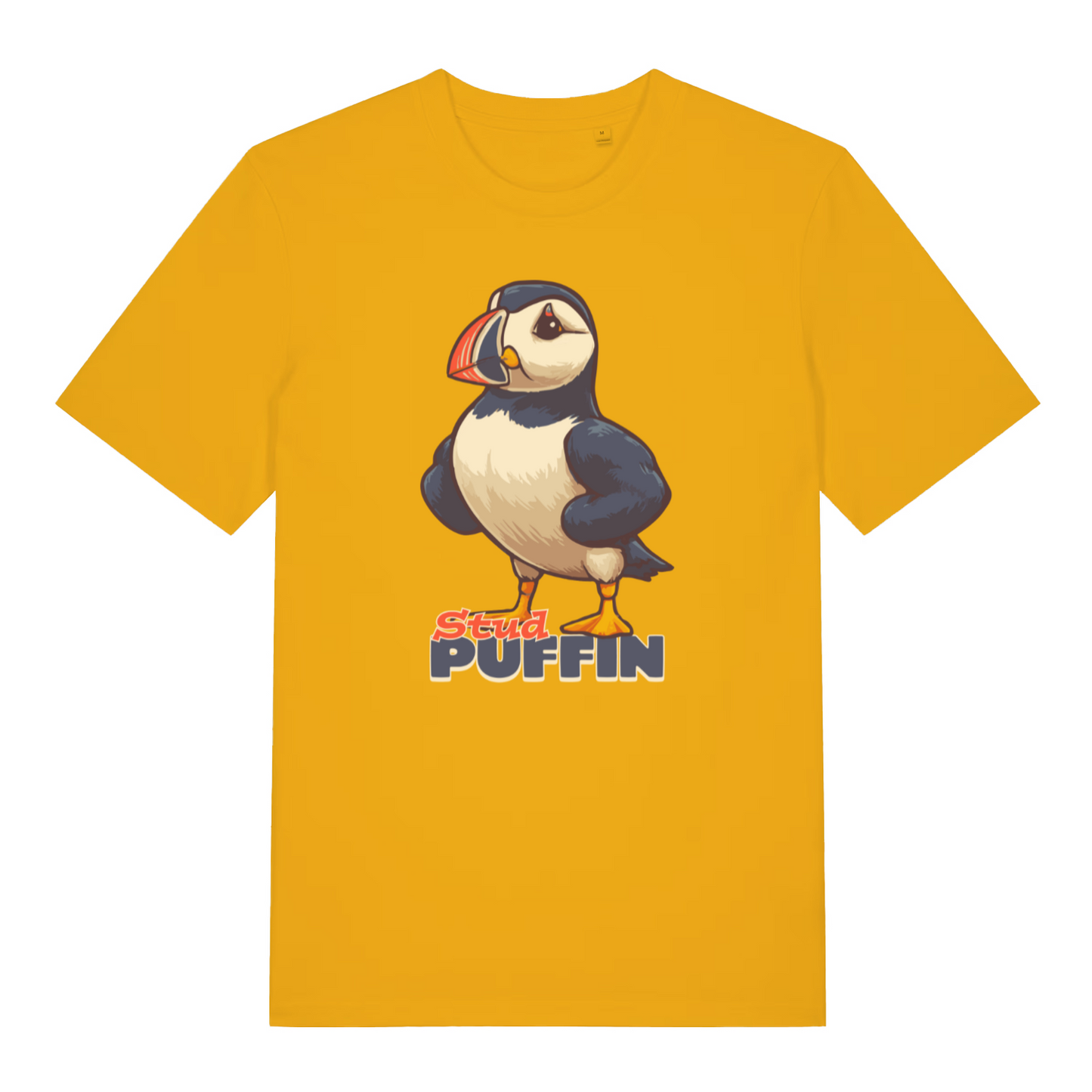 yellow funny animal t-shirt with the graphic of a puffin and the slogan 'stud puffin'