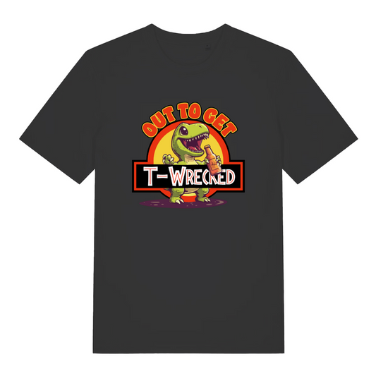 black funny t-shirt with the graphic of a t-rex holding a bottle of beer and the slogan 'out to get t-wrecked'