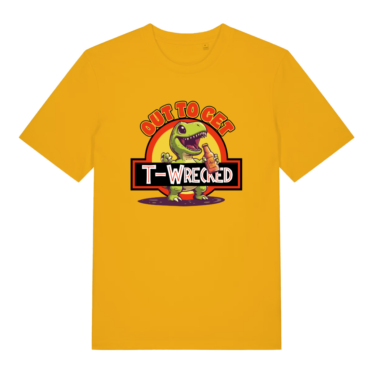 yellow funny t-shirt with the graphic of a t-rex holding a bottle of beer and the slogan 'out to get t-wrecked'