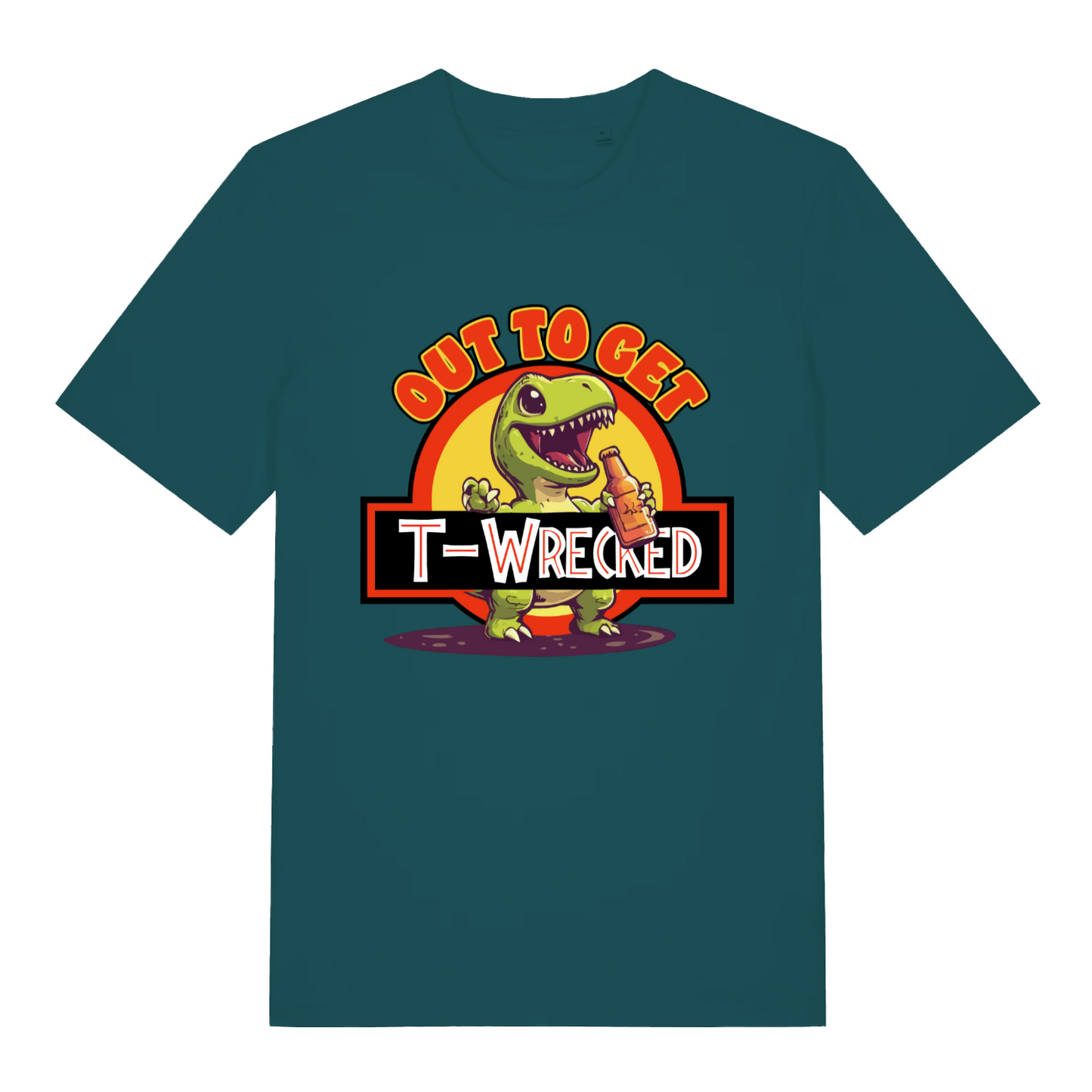 teal women's graphic t-shirt with a dinosaur design and the slogan 'out to get t-wrecked'