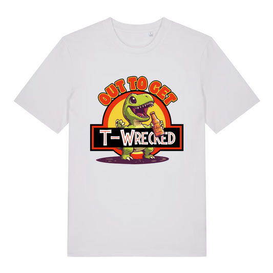 white women's graphic t-shirt with a dinosaur design and the slogan 'out to get t-wrecked'