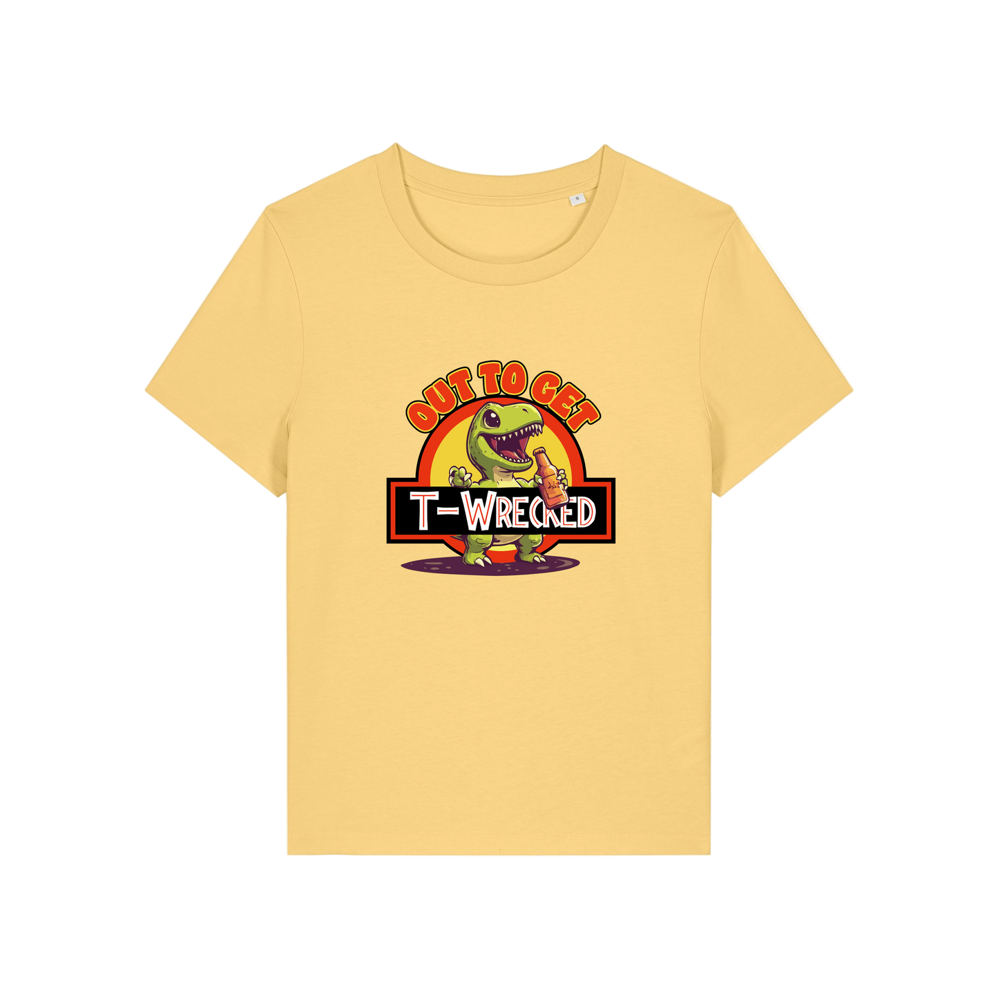 yellow funny graphic t-shirt with a dinosaur drinking a beer and the slogan 'out to get t-wrecked'