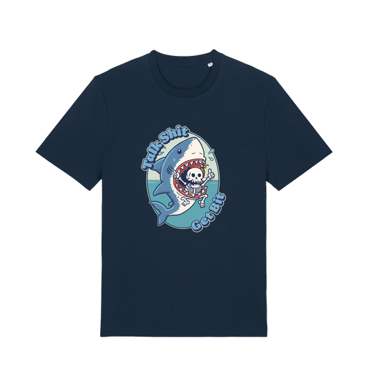 navy shark t-shirt with the graphic of a skeleton in a sharks mouth and the slogan 'talk shit get bit'