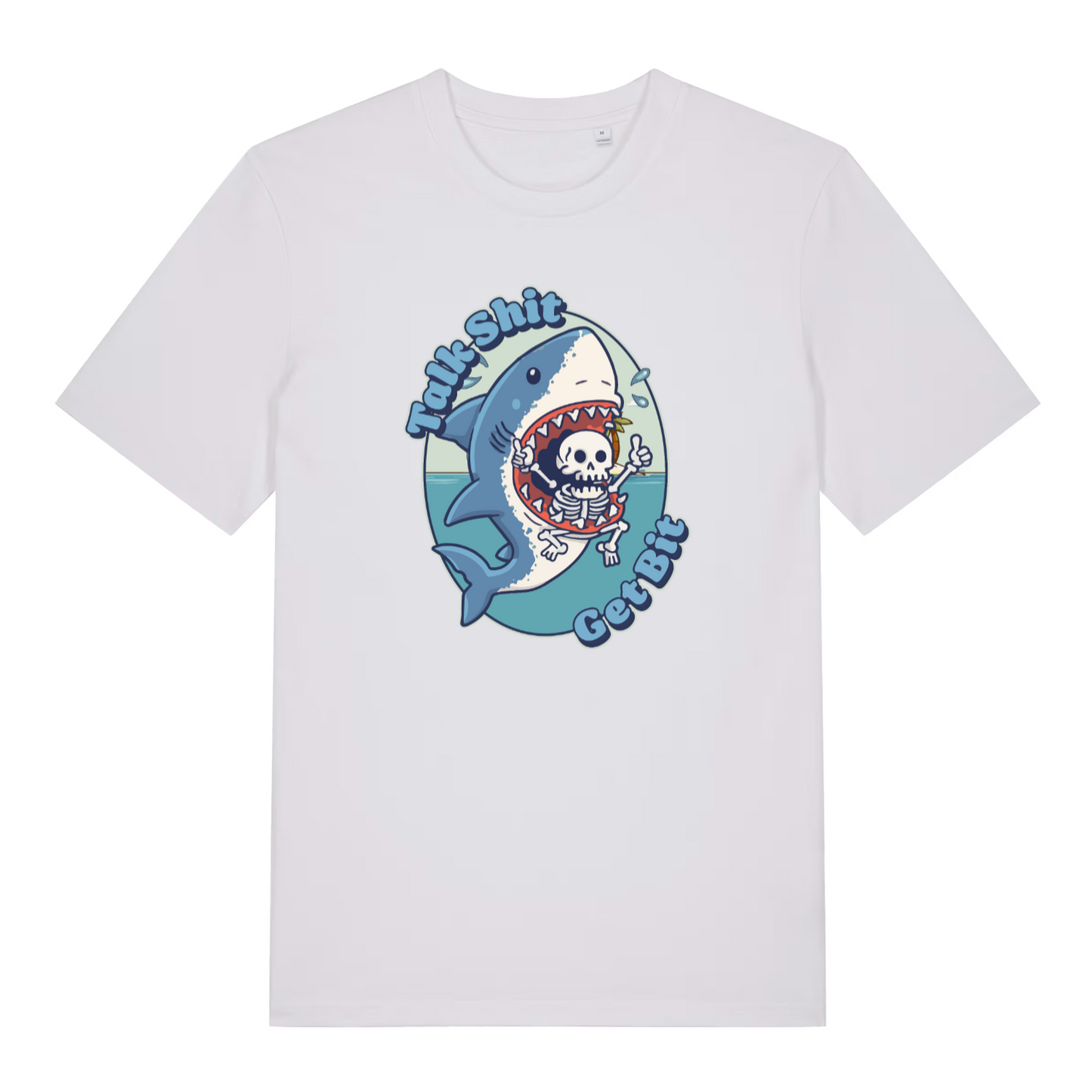 white funny animal t-shirt with the graphic of a shark and the slogan 'talk shit get bit'