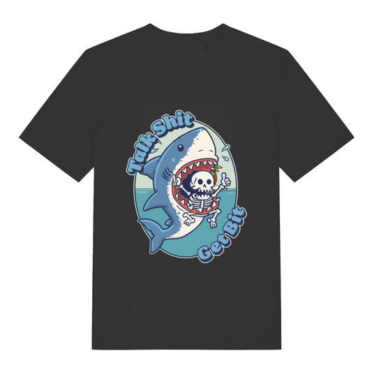 black women's funny sarcastic t-shirt with the graphic of a shark biting a skeleton and the slogan 'talk shit get bit'