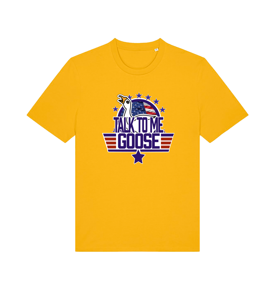 yellow movie t-shirt with the graphic of a goose and the slogan 'talk to me goose'