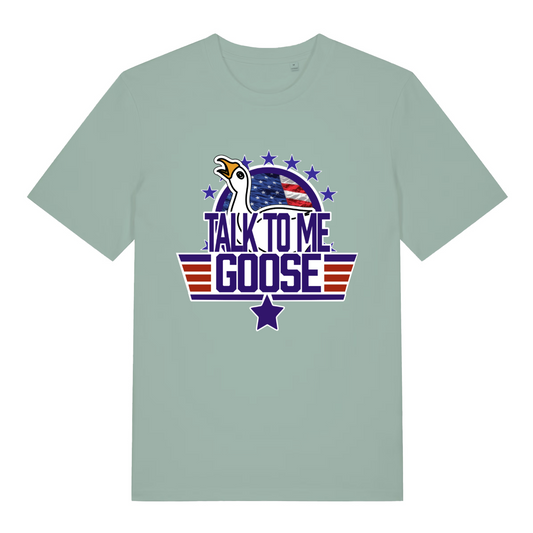 green women's movie t-shirt with the graphic of a goose and the slogan 'talk to me goose'