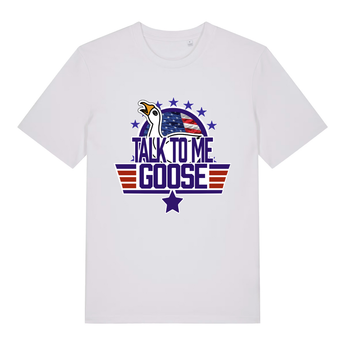 white women's movie t-shirt with the graphic of a goose and the slogan 'talk to me goose'