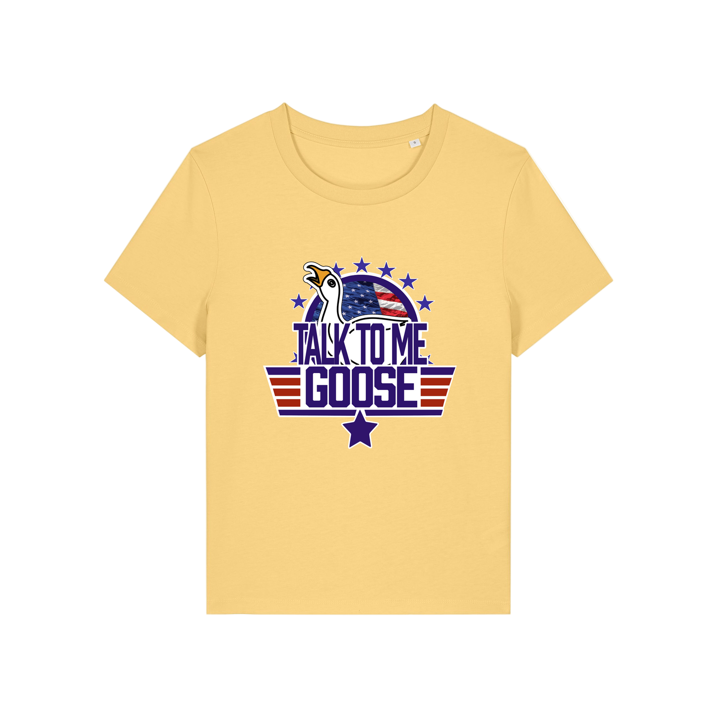 yellow movie t-shirt with the graphic of a goose and the slogan 'talk to me goose'