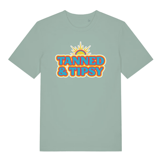 green women's slogan t-shirt with the text 'tanned and tipsy'