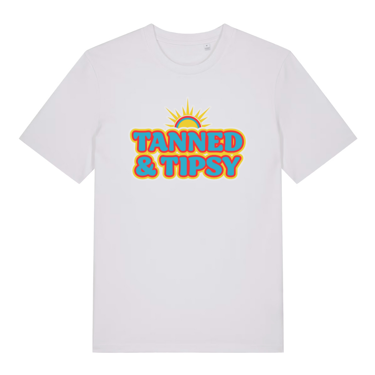 white women's slogan t-shirt with the text 'tanned and tipsy'