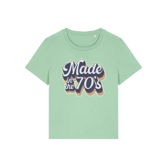 green slogan t-shirt that reads 'made in the 70's'