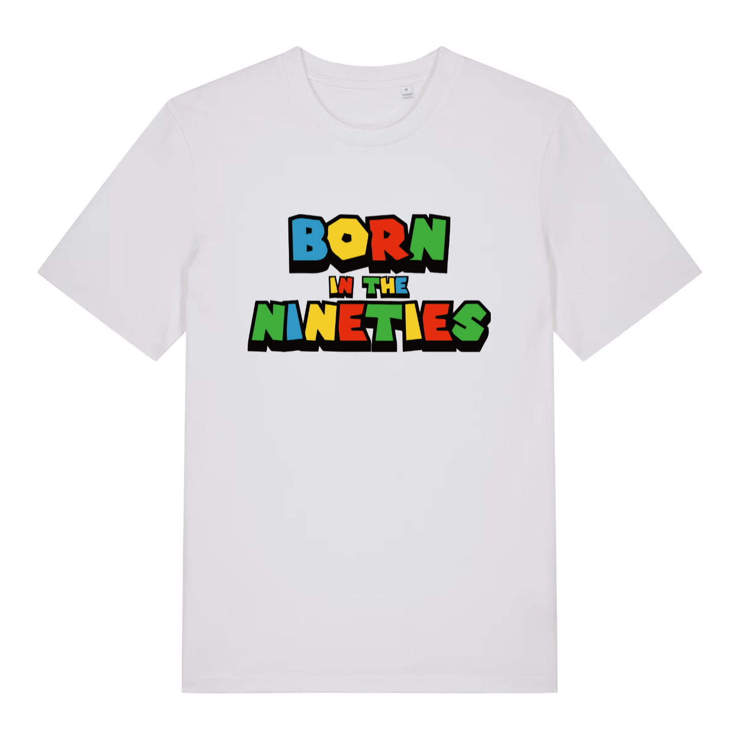 white women's slogan t-shirt with the text 'born in the nineties'