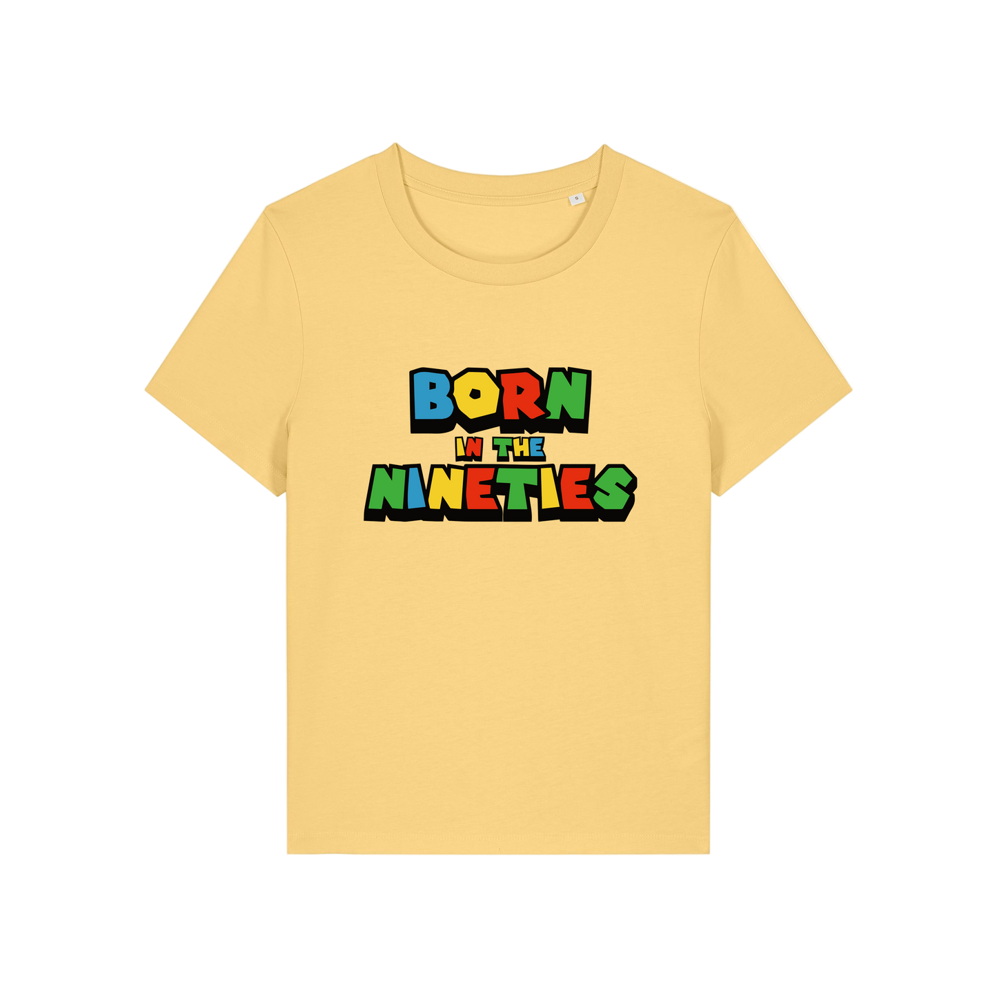 yellow slogan t-shirt that reads 'born in the nineties'