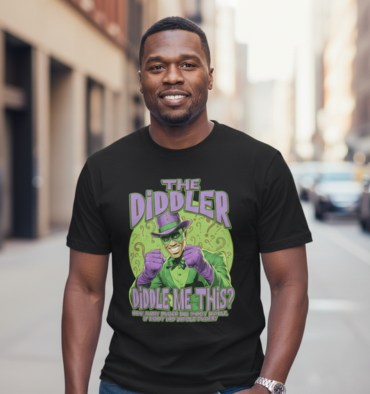 Man wearing a black t-shirt with a graphic design of a character in a city street.