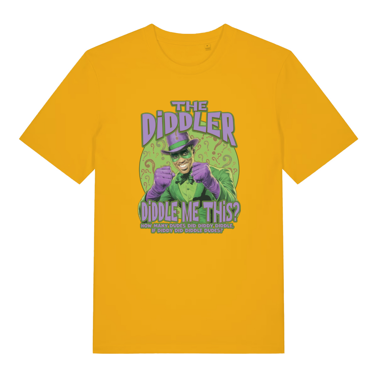 yellow funny offensive t-shirt with the graphic of the diddler and the slogan 'how many dudes did diddy diddle if diddy did diddled dudes'