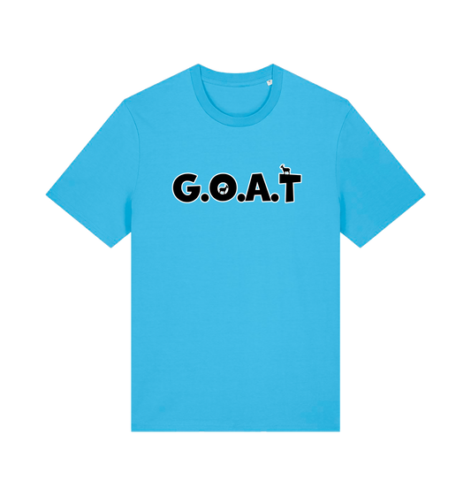 blue slogan t-shirt with 'goat'