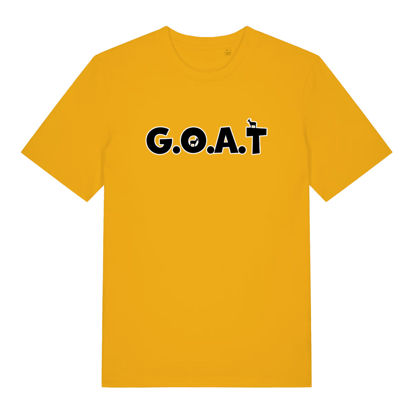 yellow slogan t-shirt with the text 'goat'
