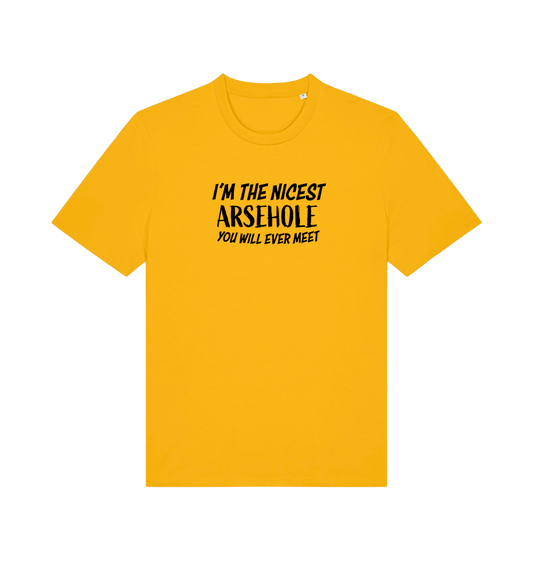yellow rude t-shirt with the slogan 'i'm the nicest arsehole you will ever meet'